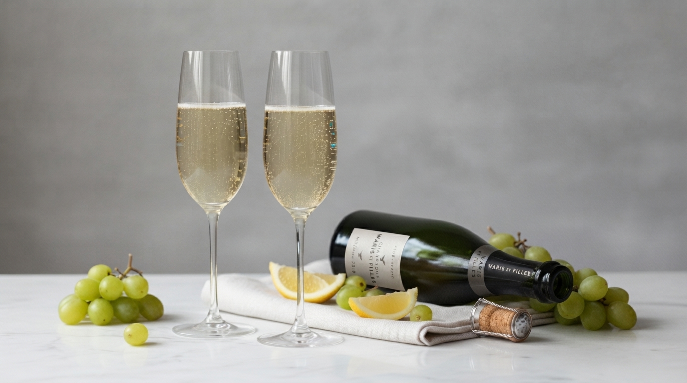 Champagne Waris et Filles — dvě sklenice a lahev šumivého vína